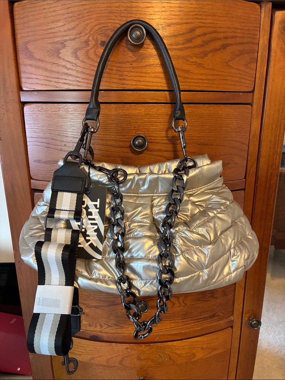 THINK ROYLN Metallic Silver Quilted Wingman Shoulder Bag Chain Crossbody NWT